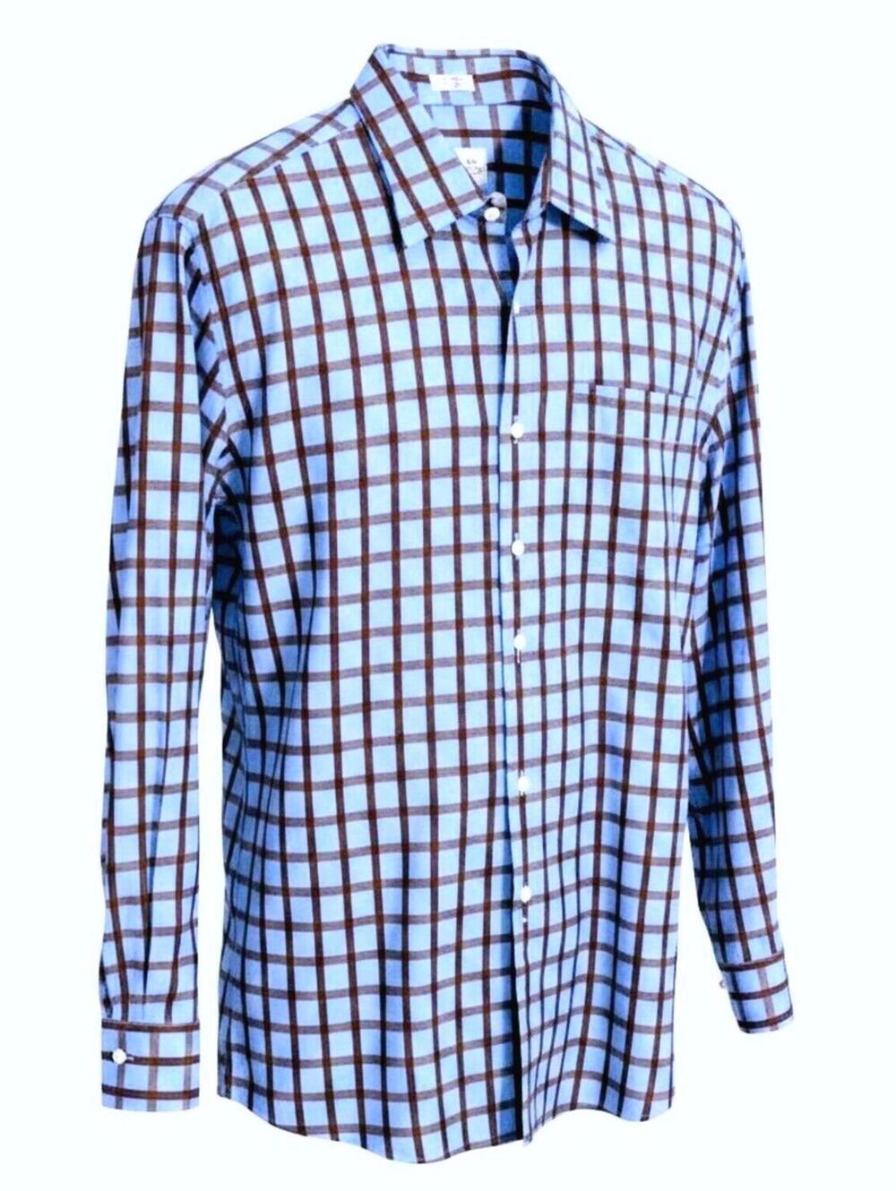PETER MILLAR Mens XL Blue Brown Check Casual/Dress Button-Down Shirt 100% Cotton